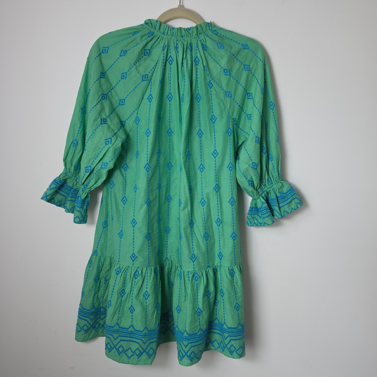 Umgee Green Embroidered Cotton Tassel Boho Babydoll Mini Dress Small