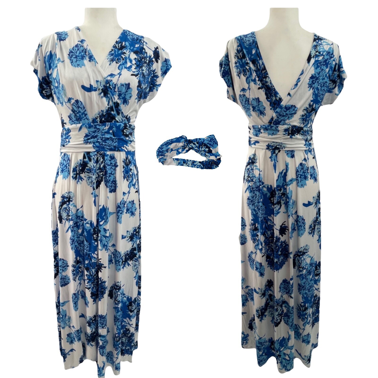 IMAN Boho Maxi Dress Head Wrap Wrinkle Resistant 8-10 Medium Blue Floral 692-183