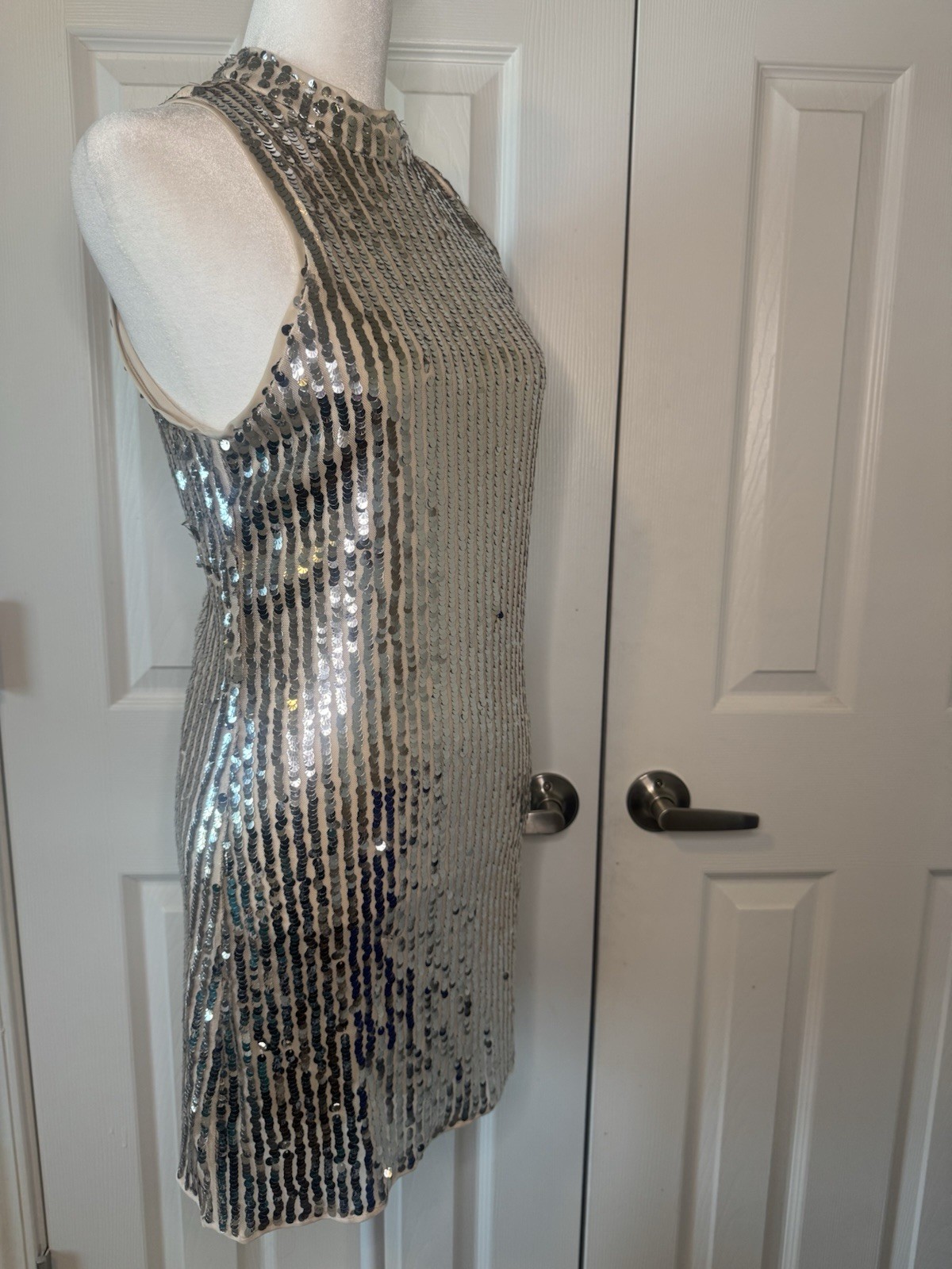 Mademli Boutique Silver Sequin Solid High Neck keyhole Back Bodycon Mini Dress S