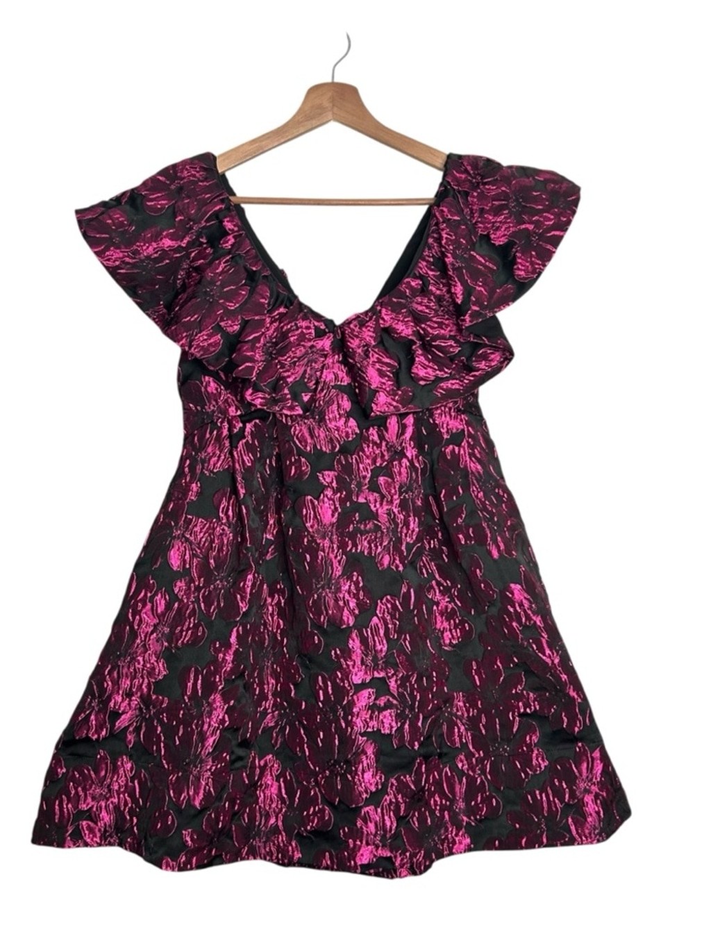 Amy Lynn Jaime ruffle sleeve mini dress with bow back pink floral jacquard Small