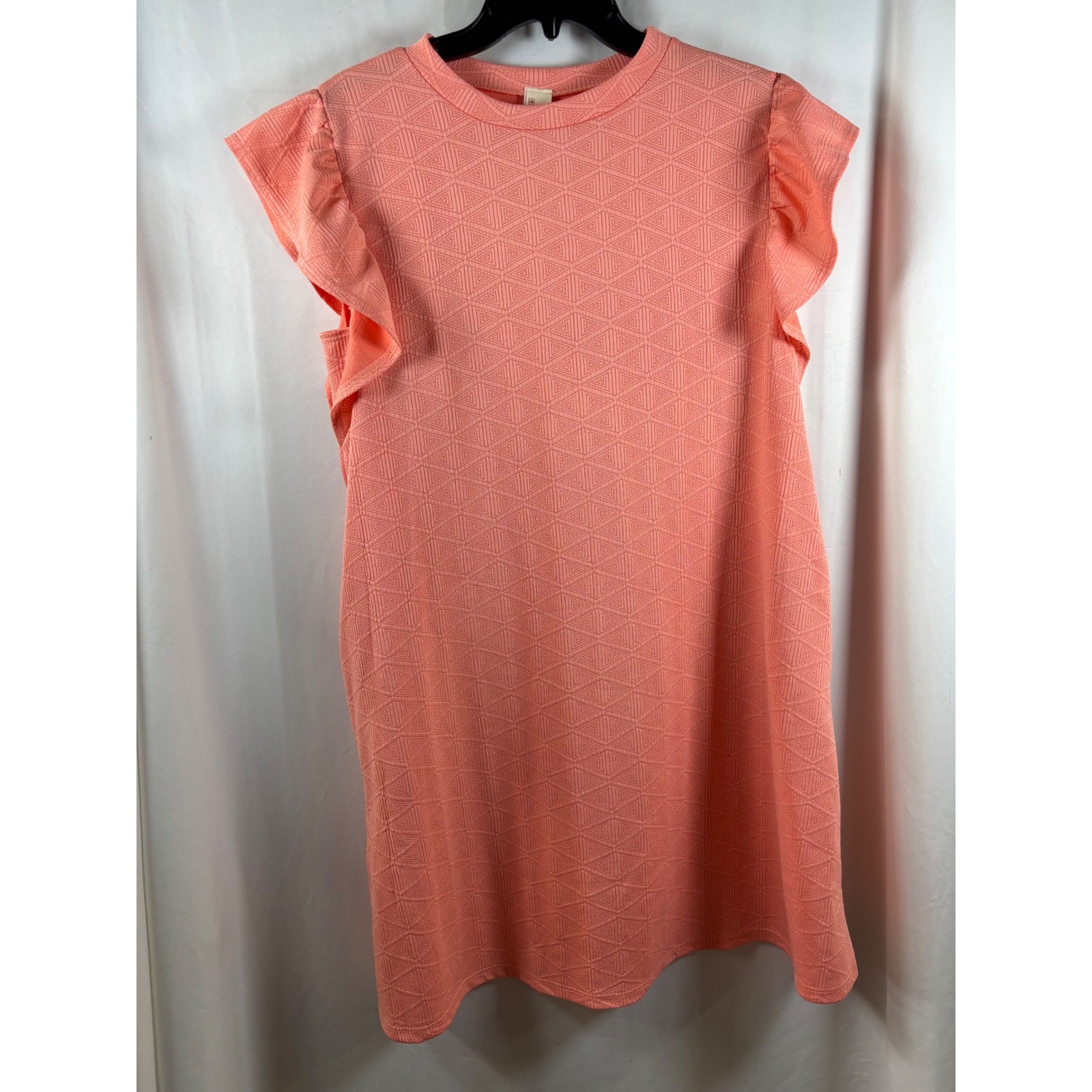 7th Ray Coral Pink Geometric Jacquard Ruffle Sleeve Shift Dress Womens Large