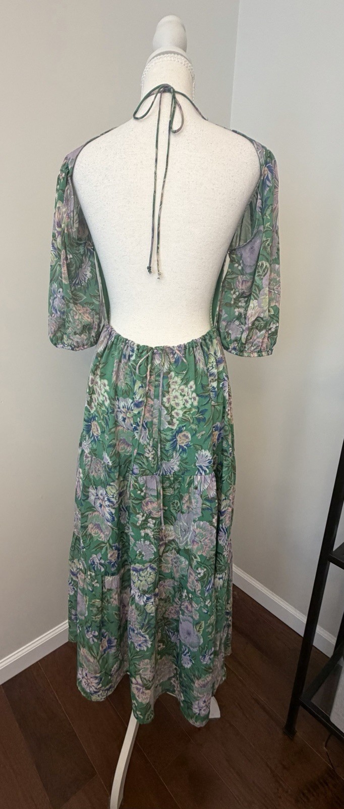 Olivaceous Green Floral Open Back Midi Dress Sz L Puff Sleeve Boho Wedding Guest