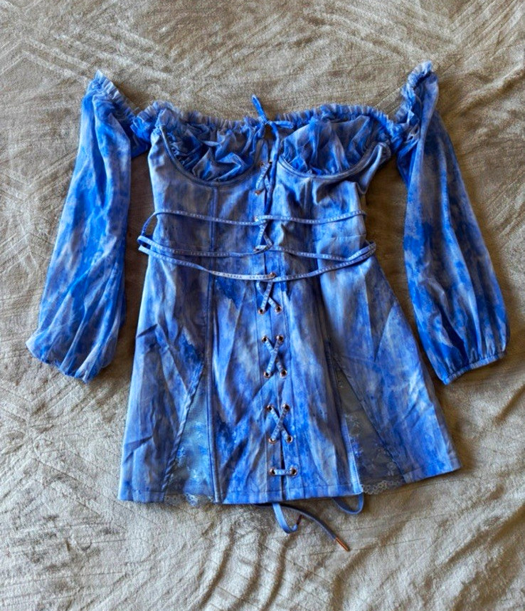 Savage X Fenty Blue Sheer Mesh Off Shoulder Lace-Up Mini Dress M