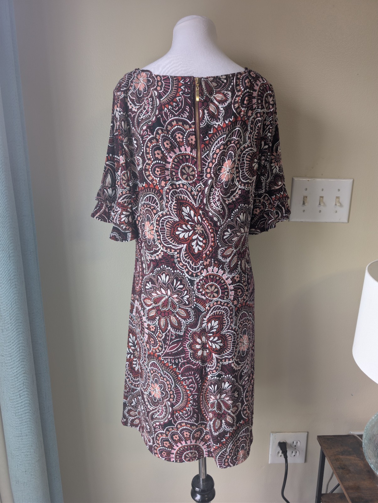Perceptions Paisley 3/4 Ruffle Sleeve Midi Dress Burgundy