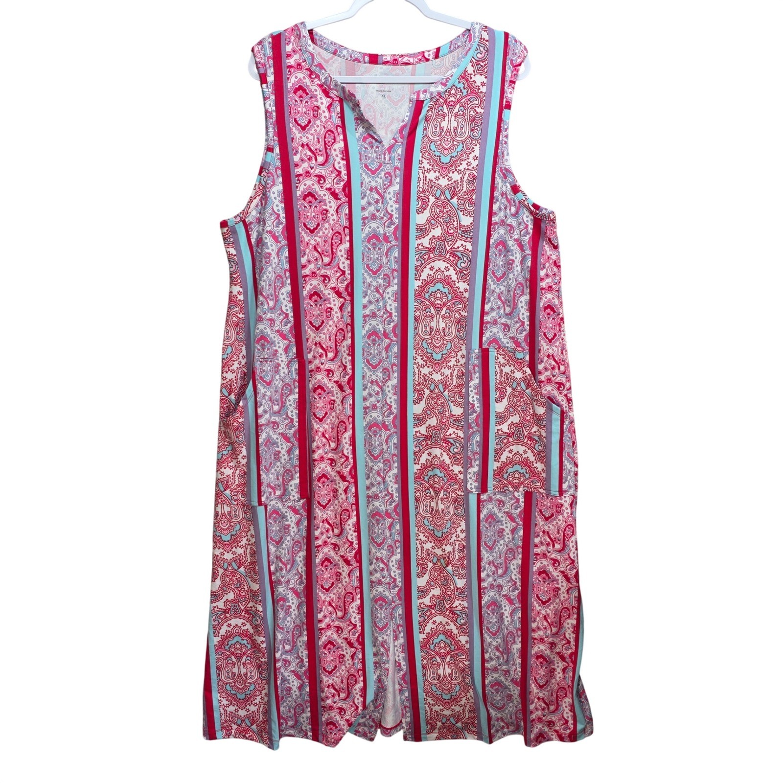 Comfort Code by Cuddl Duds Pink Paisley Stripe Sleeveless Pocket Lounge Dress XL