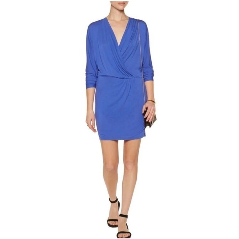 Haute Hippie Cobalt Blue Wrap Effect Modal Mini Dress Faux Wrap Draped Small