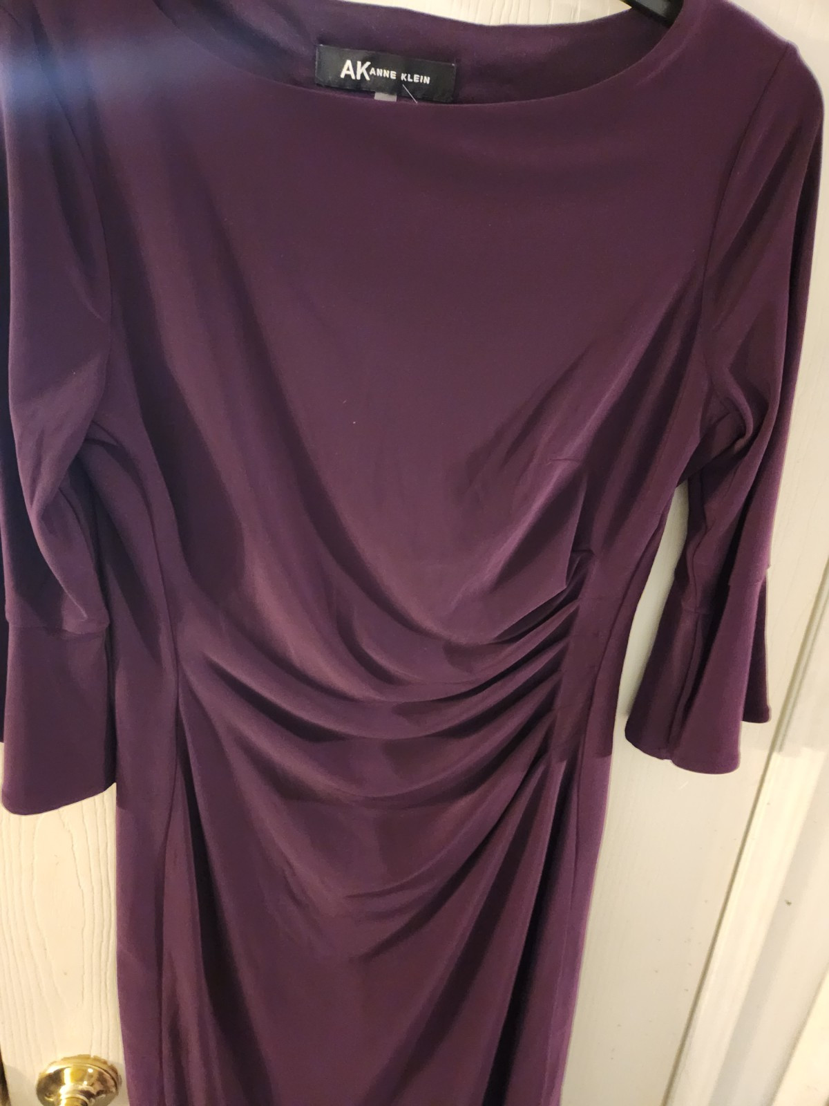 ANNE Klein Purple Bell Sleeve Sheath Dress Sz SMALL EUC LN Gathered Waist Slinky
