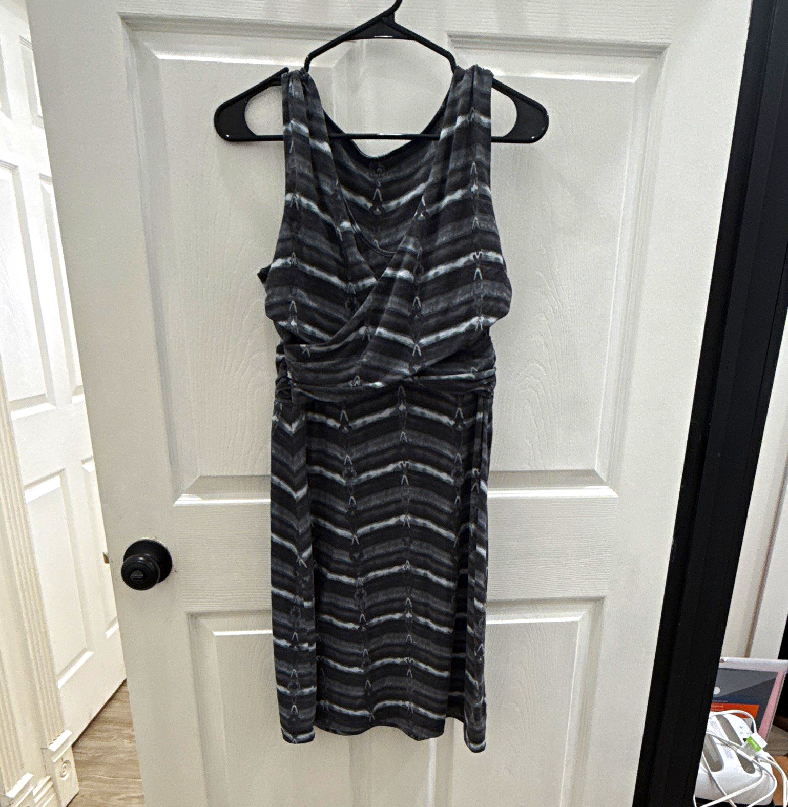 Athleta Striped Ruched Stretch Knit Tank Dress Gray/Black Scoop Neck S