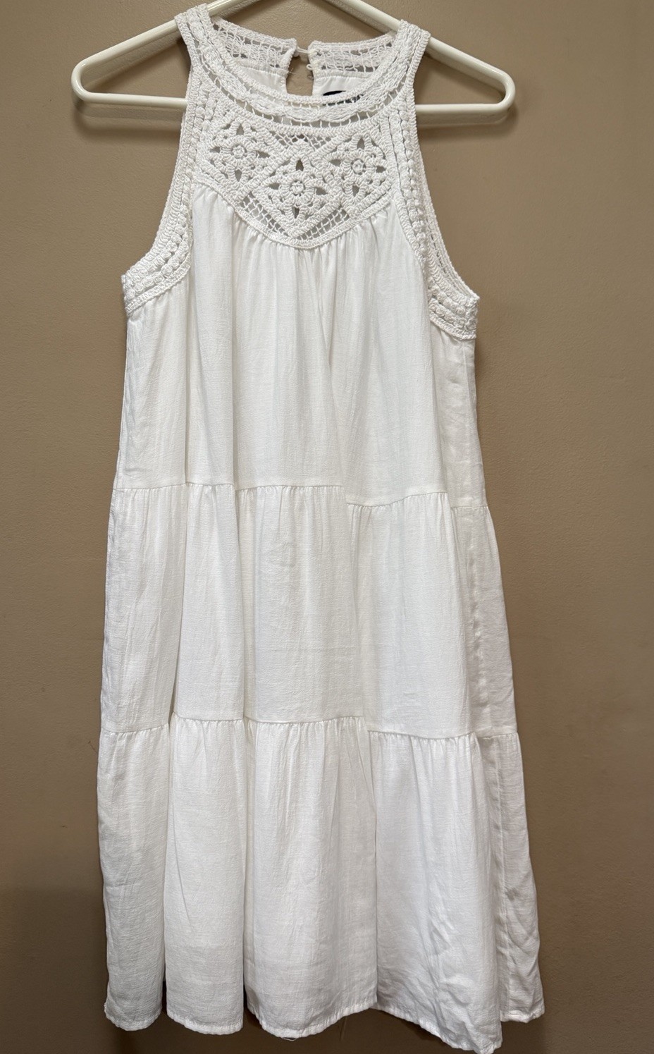 BTFBM Women’s White Solid Halter Lace Yoke Tiered A-Line Lined Knee Dress Sz L