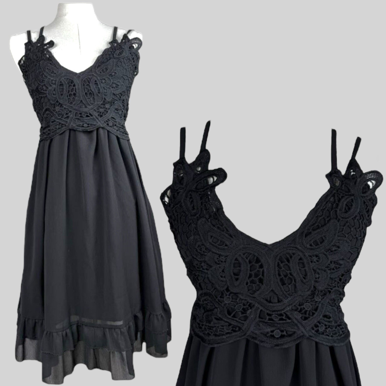 Crochet Babydoll Dress Womens Size S Black Strappy Tiered Ruffle Romantic Witchy
