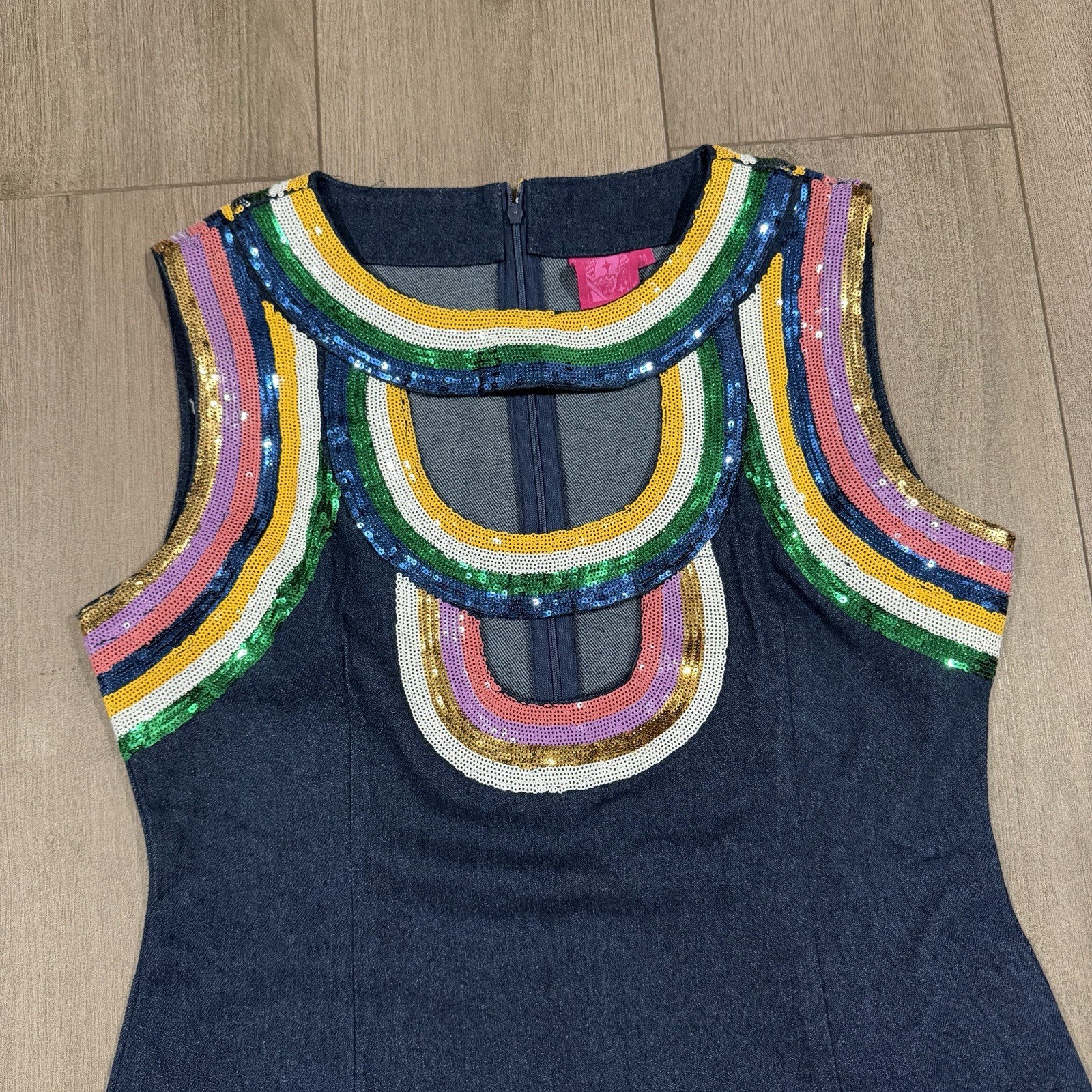 Queen Of Sparkles Rainbow Sequin Trim Denim Cut Out Dress Med Retro Skating