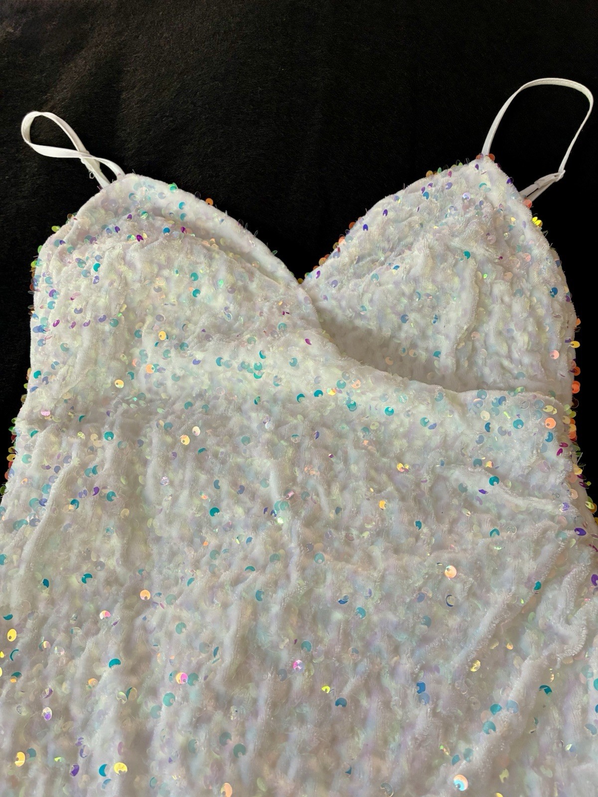 Crystal Doll White Sequin V-Neck Mini Dress Lined Zip Party Size S