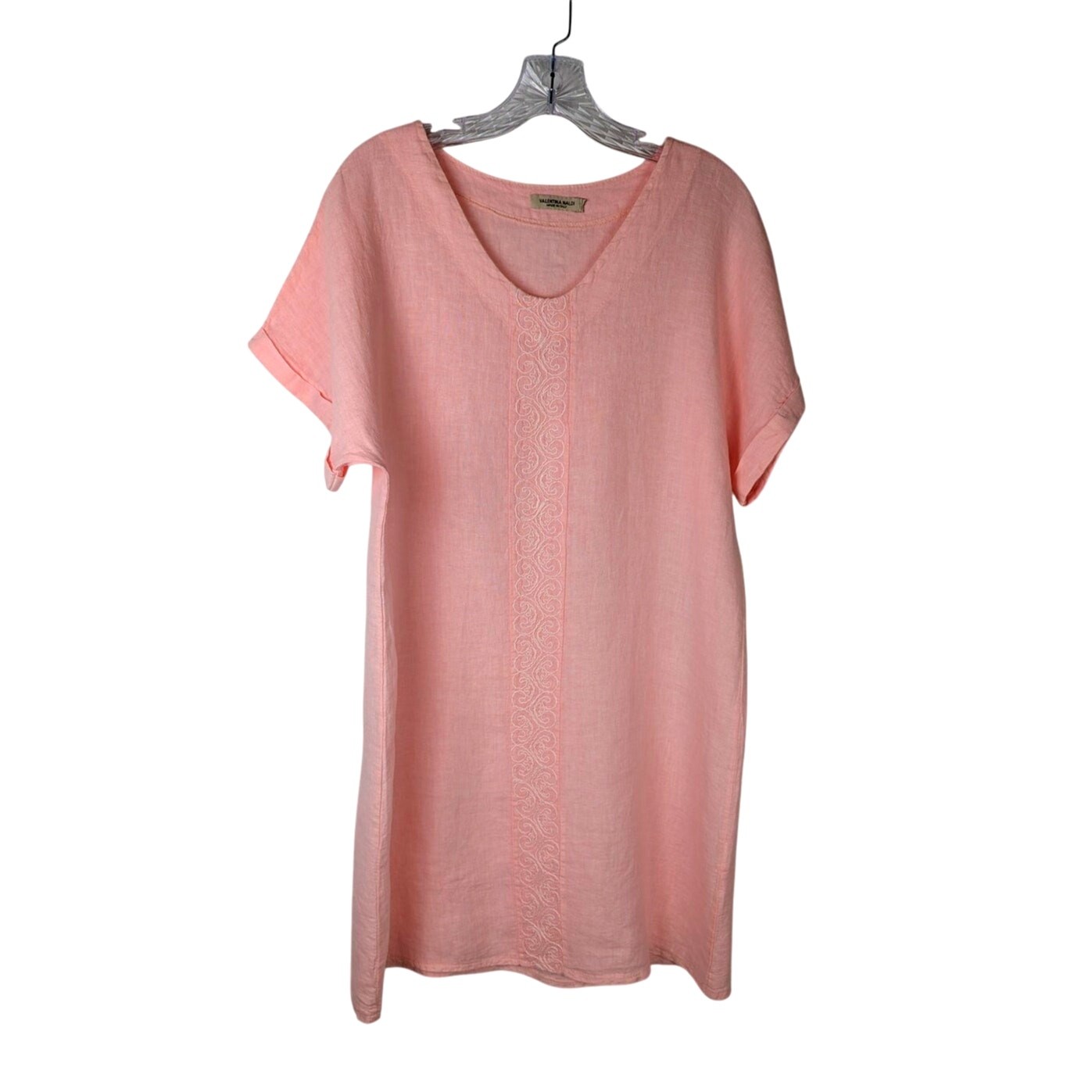 Valentina Naldi linen Italy Dress sz M Bust39″Len Knee 35″Pink Cap cuff sleeve