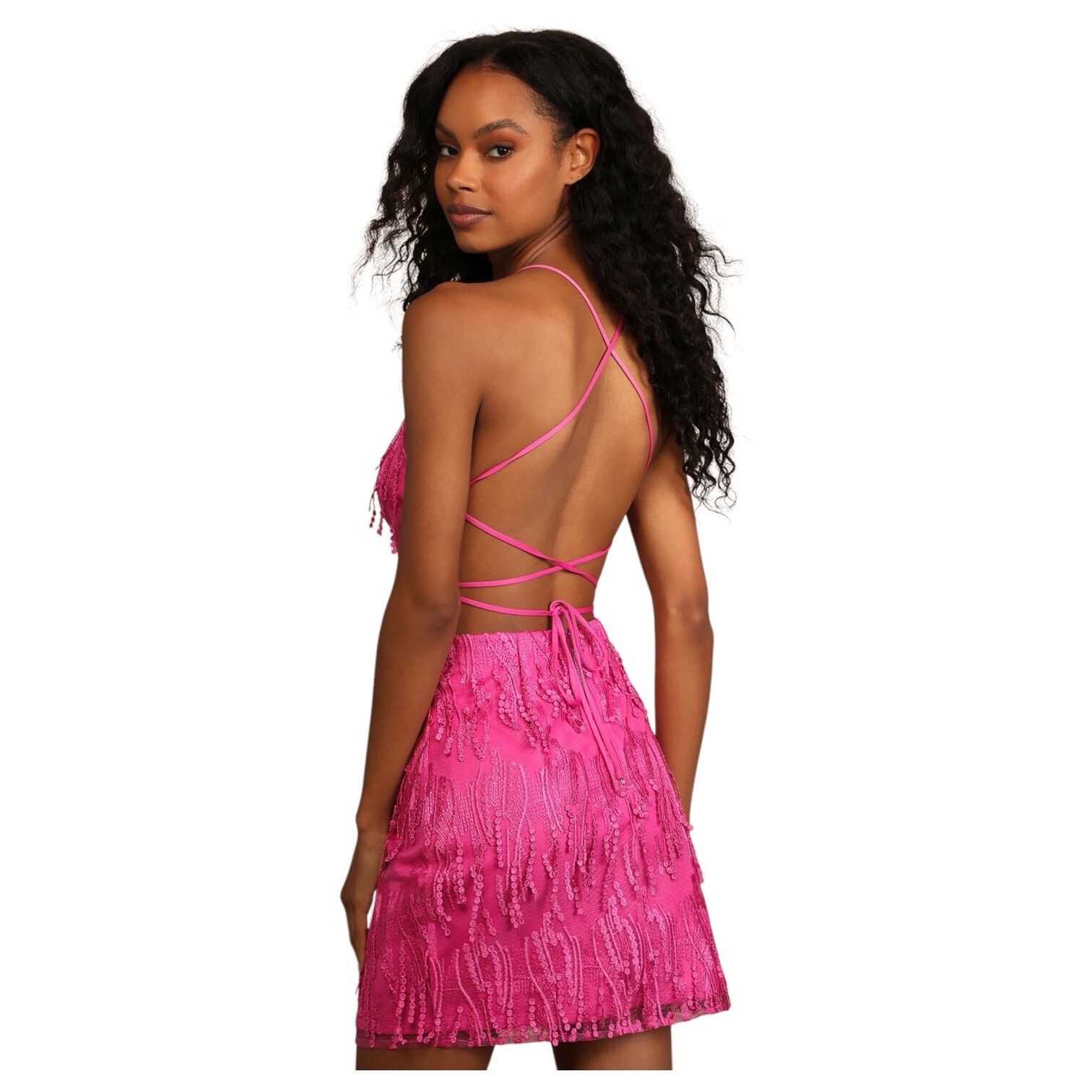 New Lulus Dress Womens M Making Magic Fringe Lace Up Mini Overlay Bright Pink