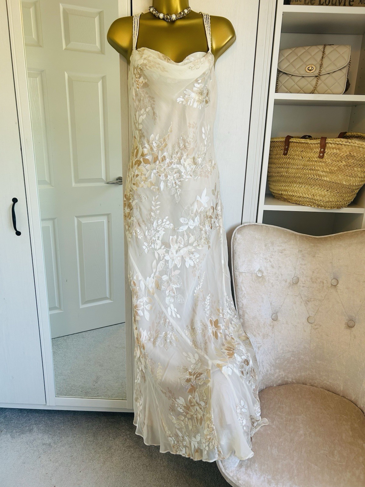 Monsoon Vintage Silk Cream Gold Devore 20s Deco Y2K Bride Long Dress 12