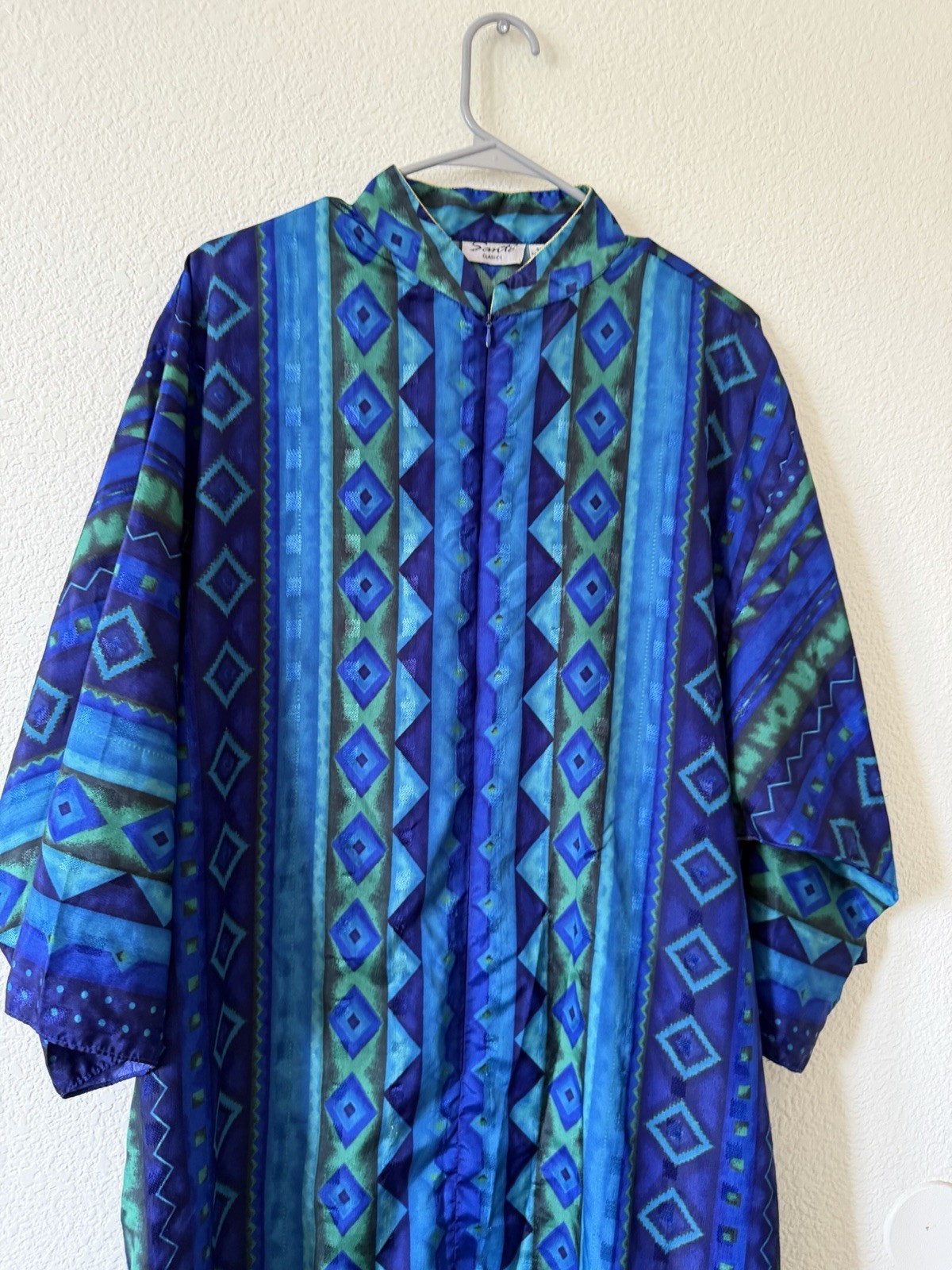 Sante Classics Women M Blue Green Geometric Print Button Front Long Dress Zipper
