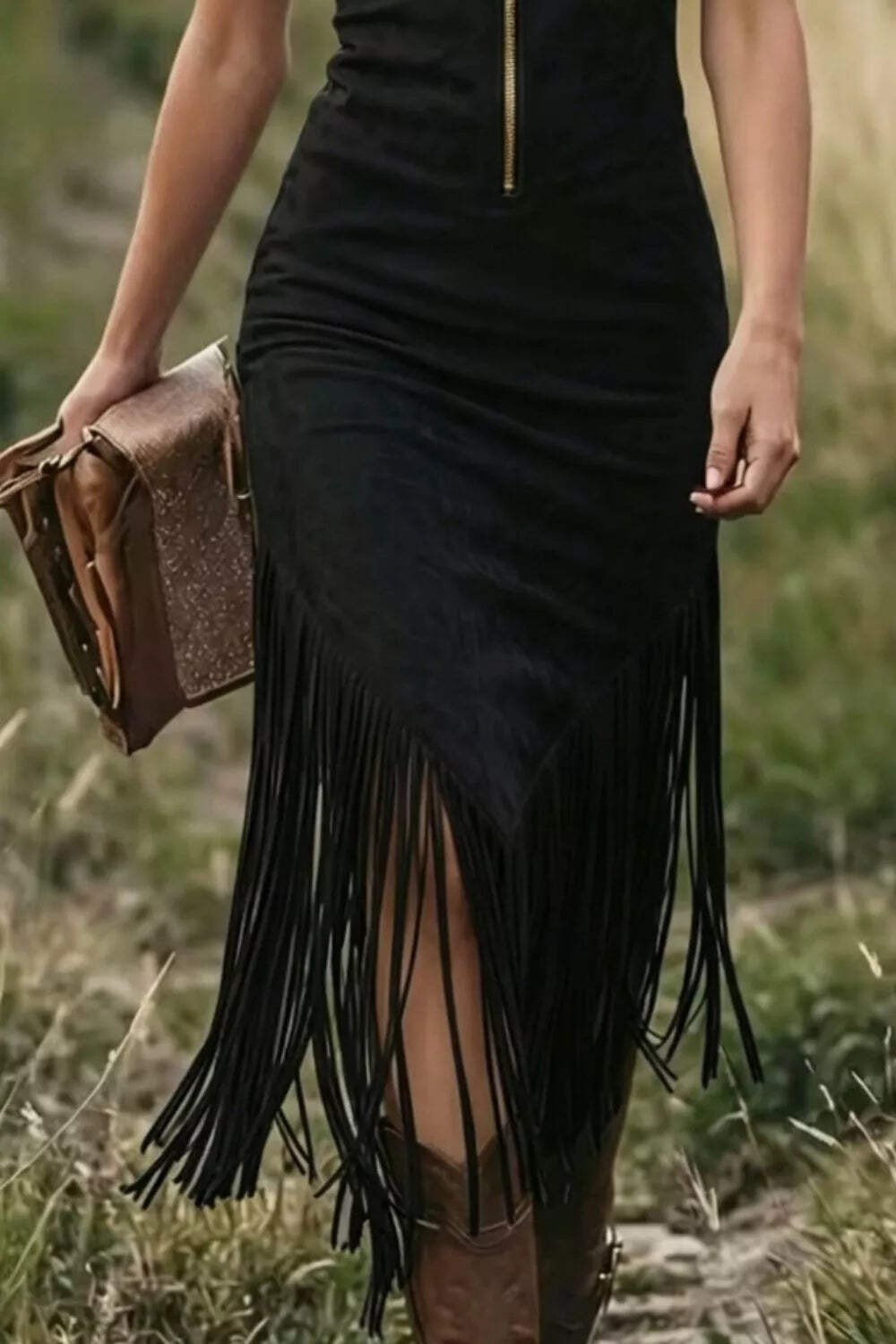 Fringe Zip Front Sleeveless Dress