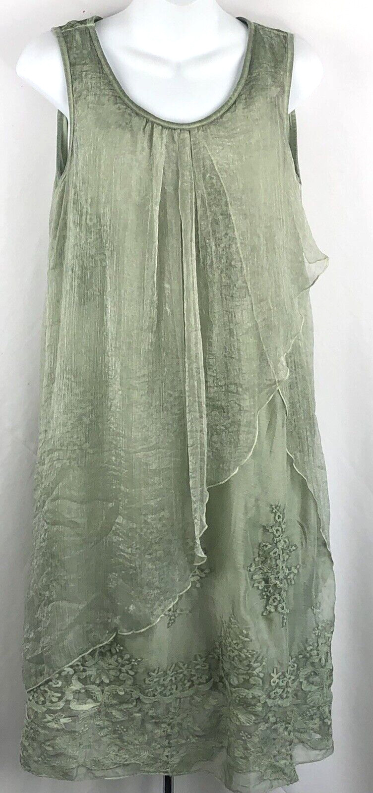 Boutique A-Line Midi Dress S Layered Ruffles Green Floral Embroidered Fairy Boho