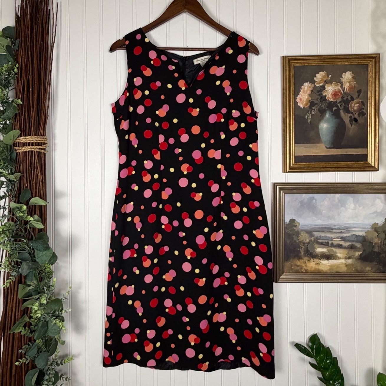 Amanda Smith Sheath Dress Womens 10 Black Polka Dot Excellent Sleeveless Retro