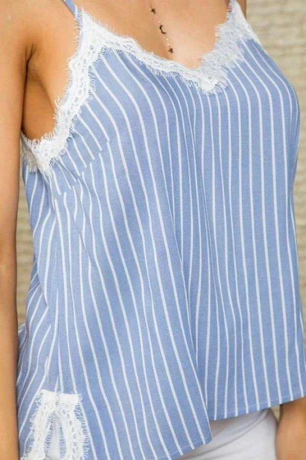 Stripe Print Side Slit Adjustable Self Spaghetti Lace Cami – Women’s Clothing