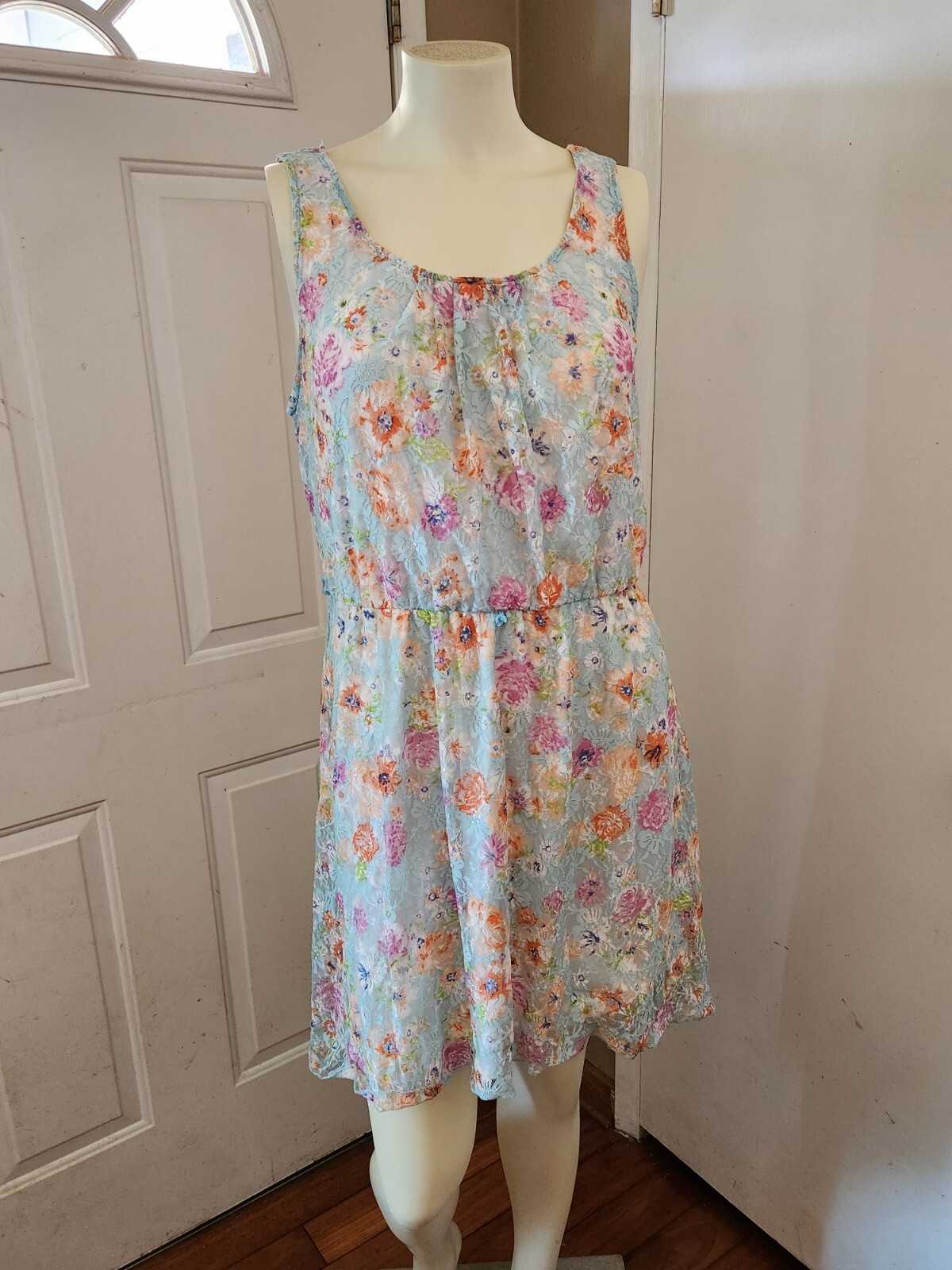 No Boundaries Midi Tunic Dress Lined Blue Lace Floral Print Slip-On Sz L (11-13)