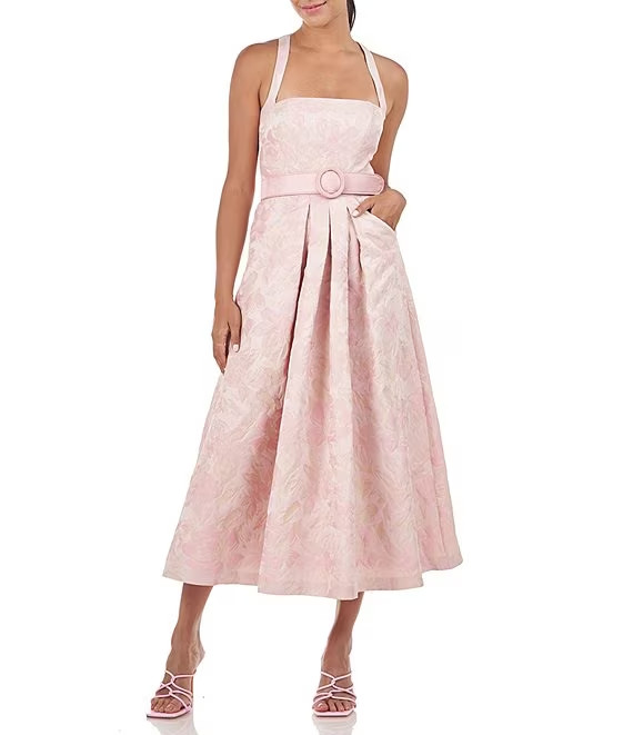 Kay Unger Pink Mauve Morgana Floral Jacquard A-Line Dress Sz 4 $378 *Less Belt*
