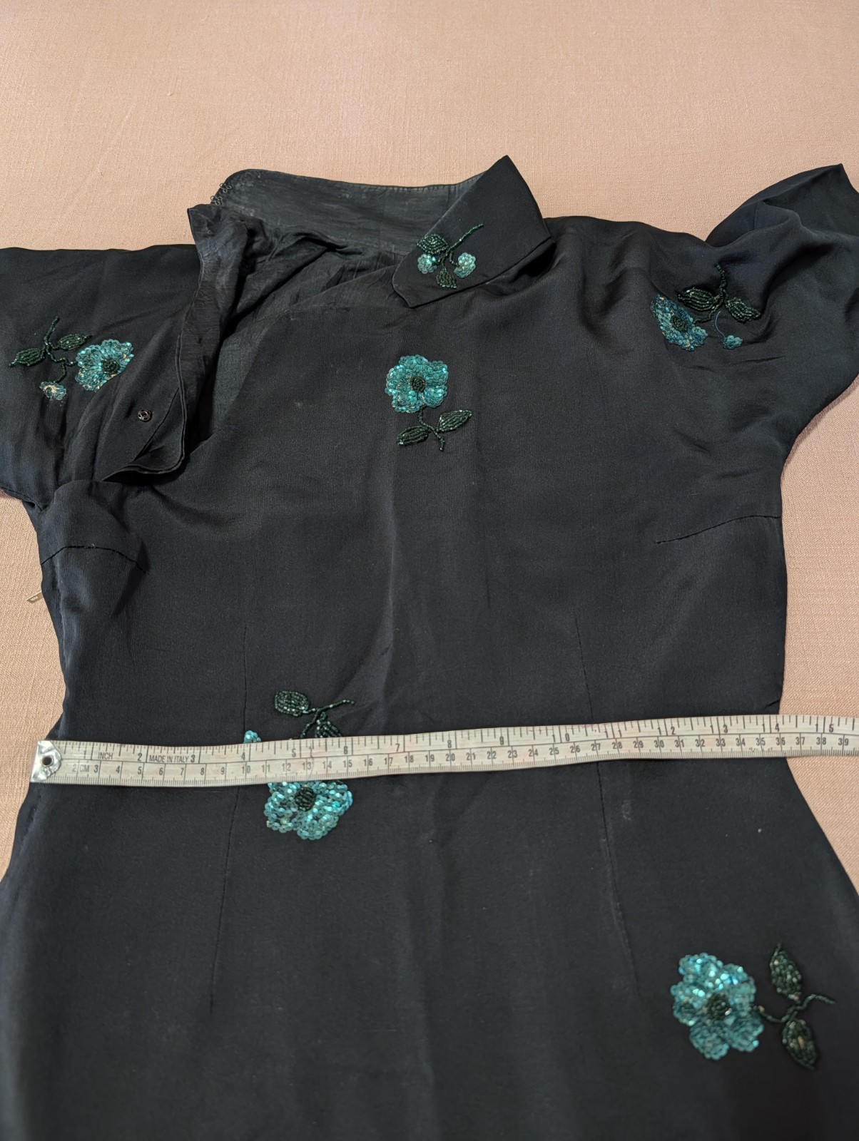 Authentic Vintage Black Silk Embroidered Cheongsam Dress Sz S