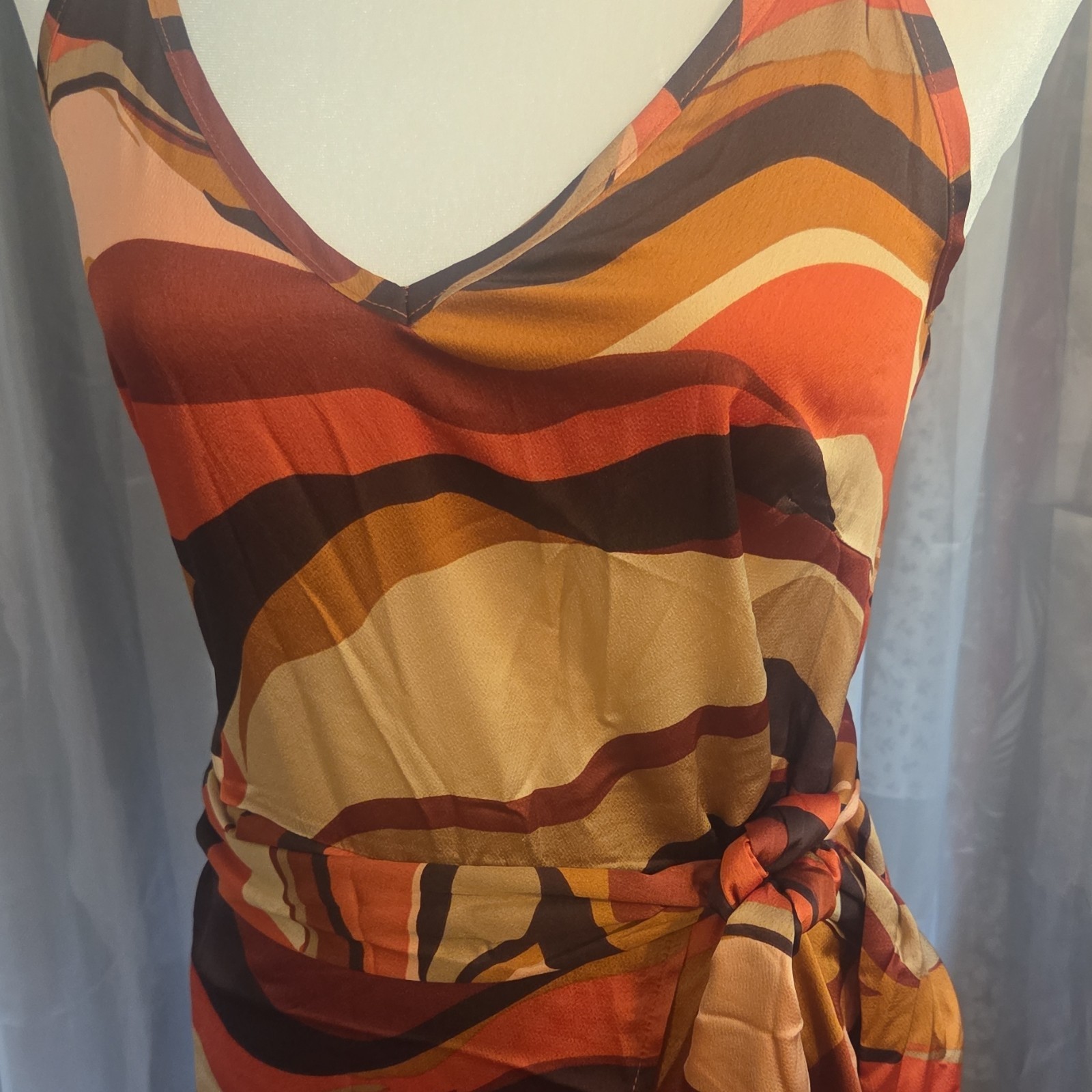 Womens Orange Brown Abstract Print Strappy V-Neck Adjustable Tie Waist Dress M