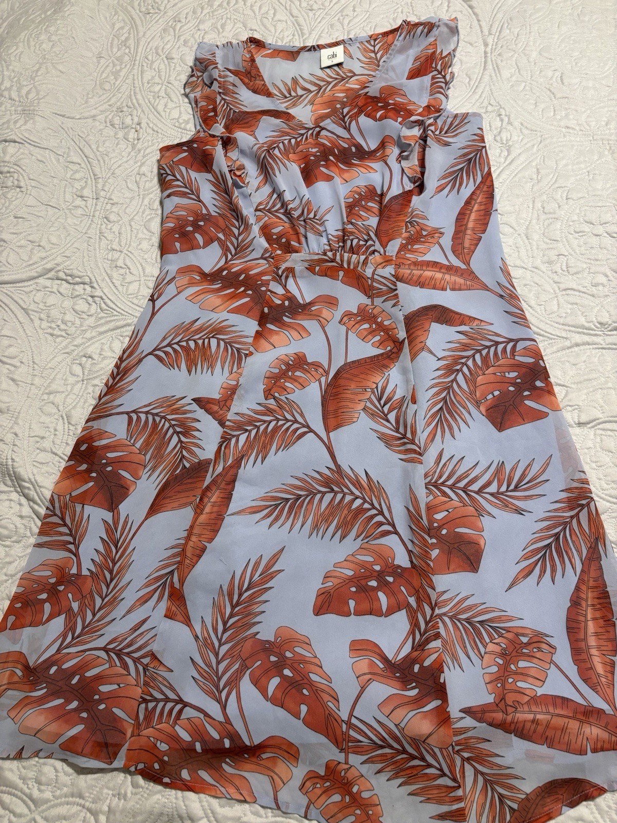 Cabi Light Blue Brown Leaf Print Ruffle Sleeveless Knee Length A-Line Dress S