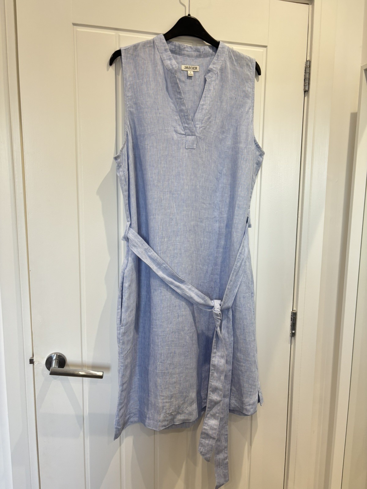 M&S JAEGER BLUE LINEN TIE WAIST MIDI SHIRT DRESS WOMENS LADIES SIZE 18