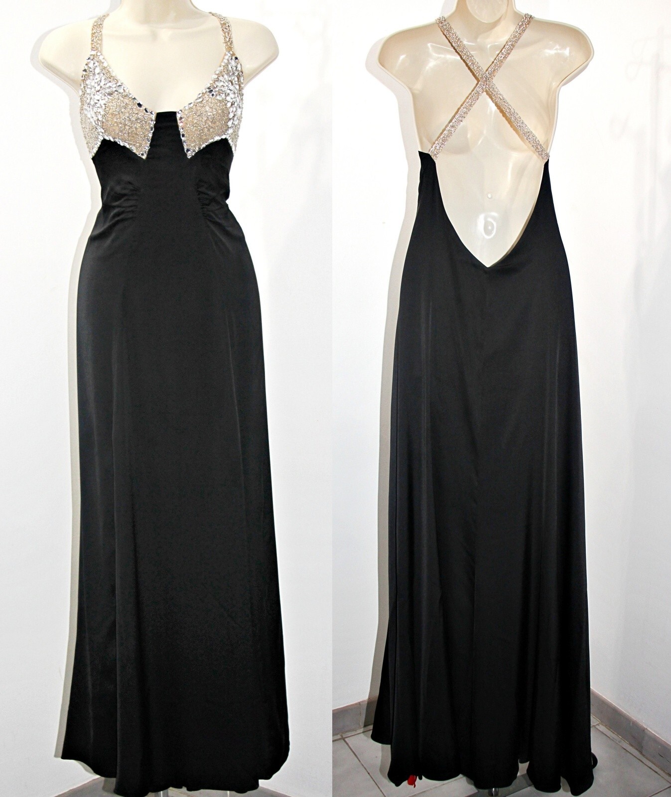 PatBO crystal-beaded side-high-slit open-back black satin gown sz 10 $995