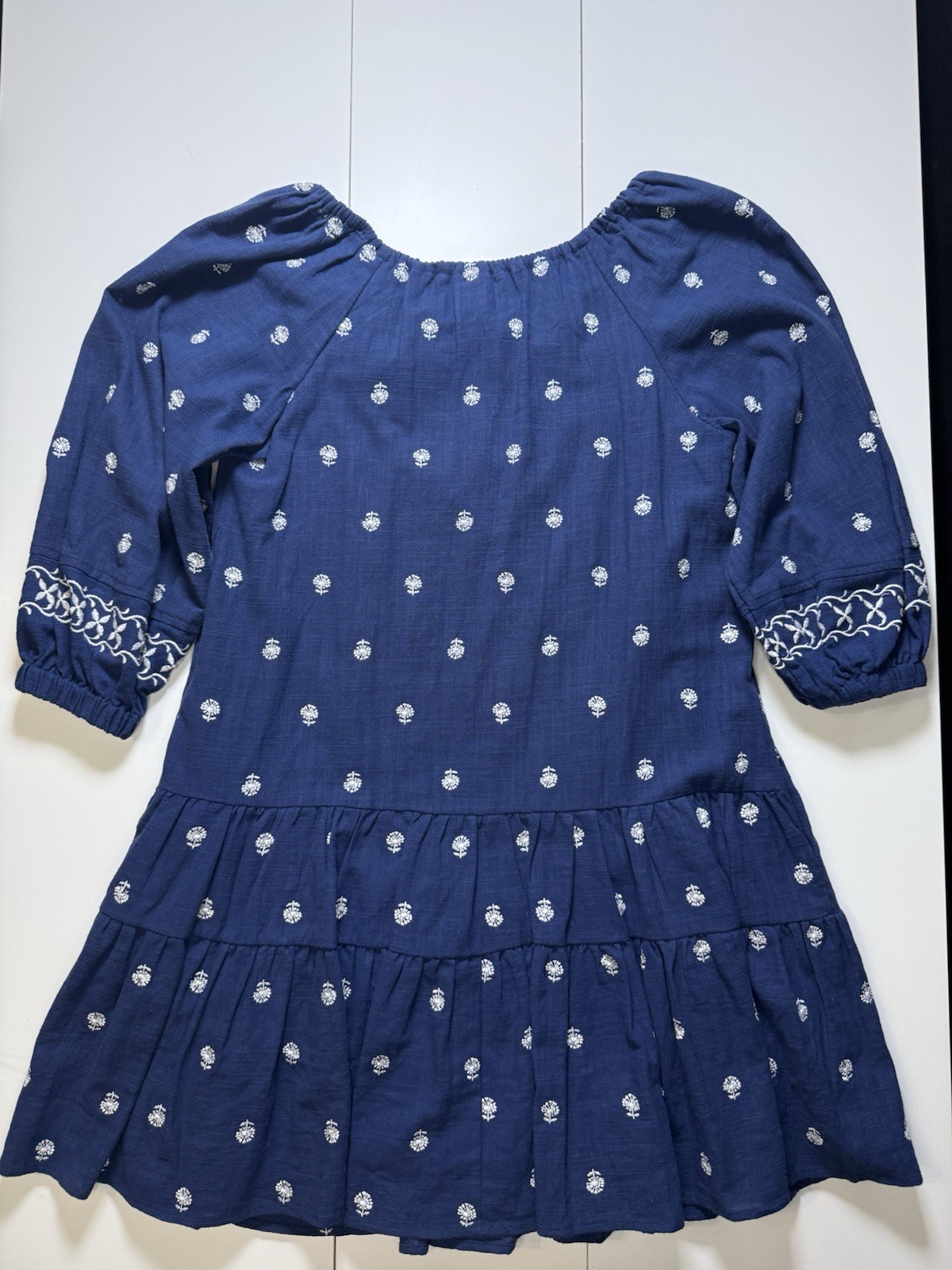 A Loves A XS Navy Blue Embroidered Cotton Peasant Dress Lined Pockets Boho puff