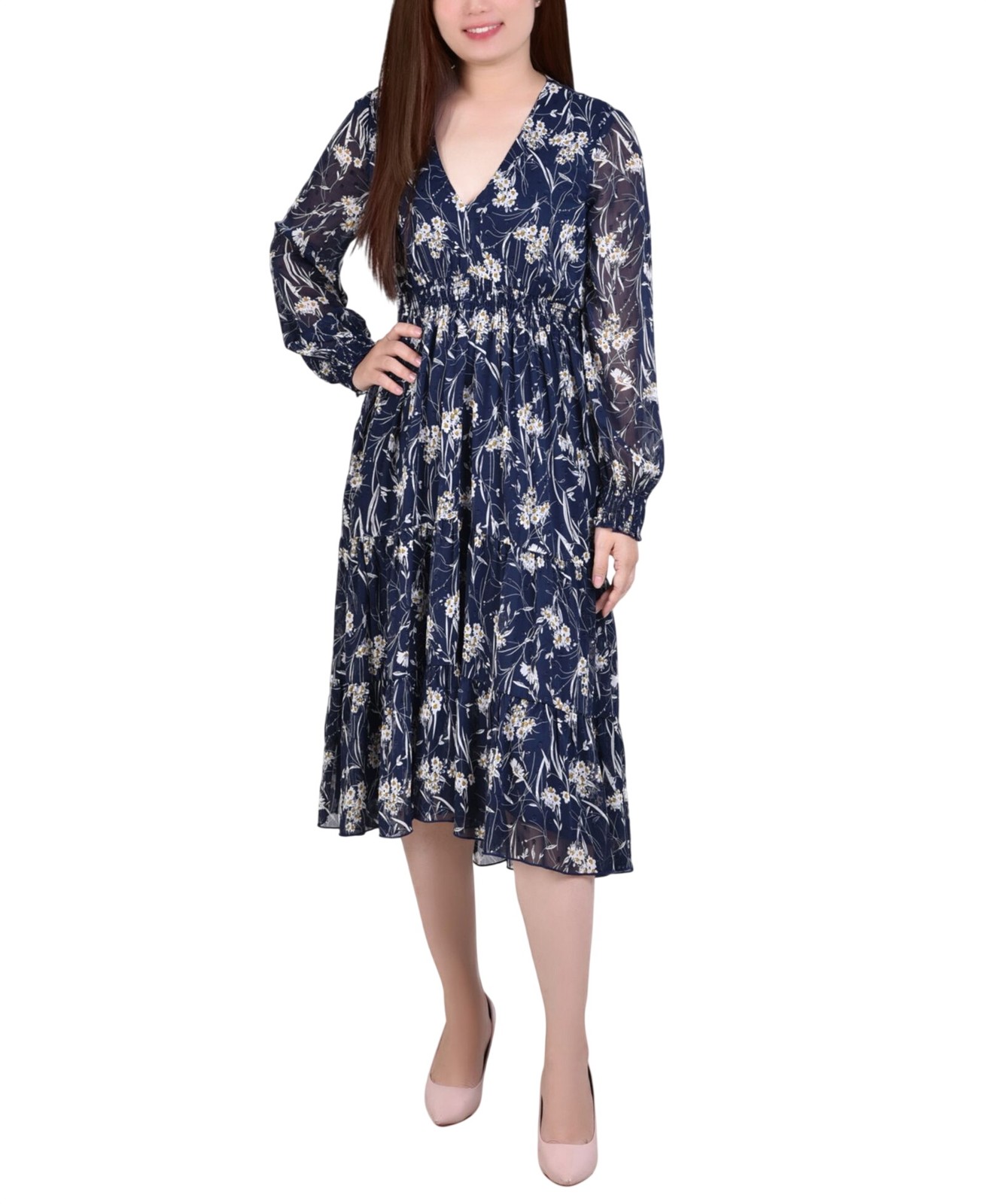Ny Collection Womens Long Sleeve Clip Dot Chiffon Dress Blue Floral S