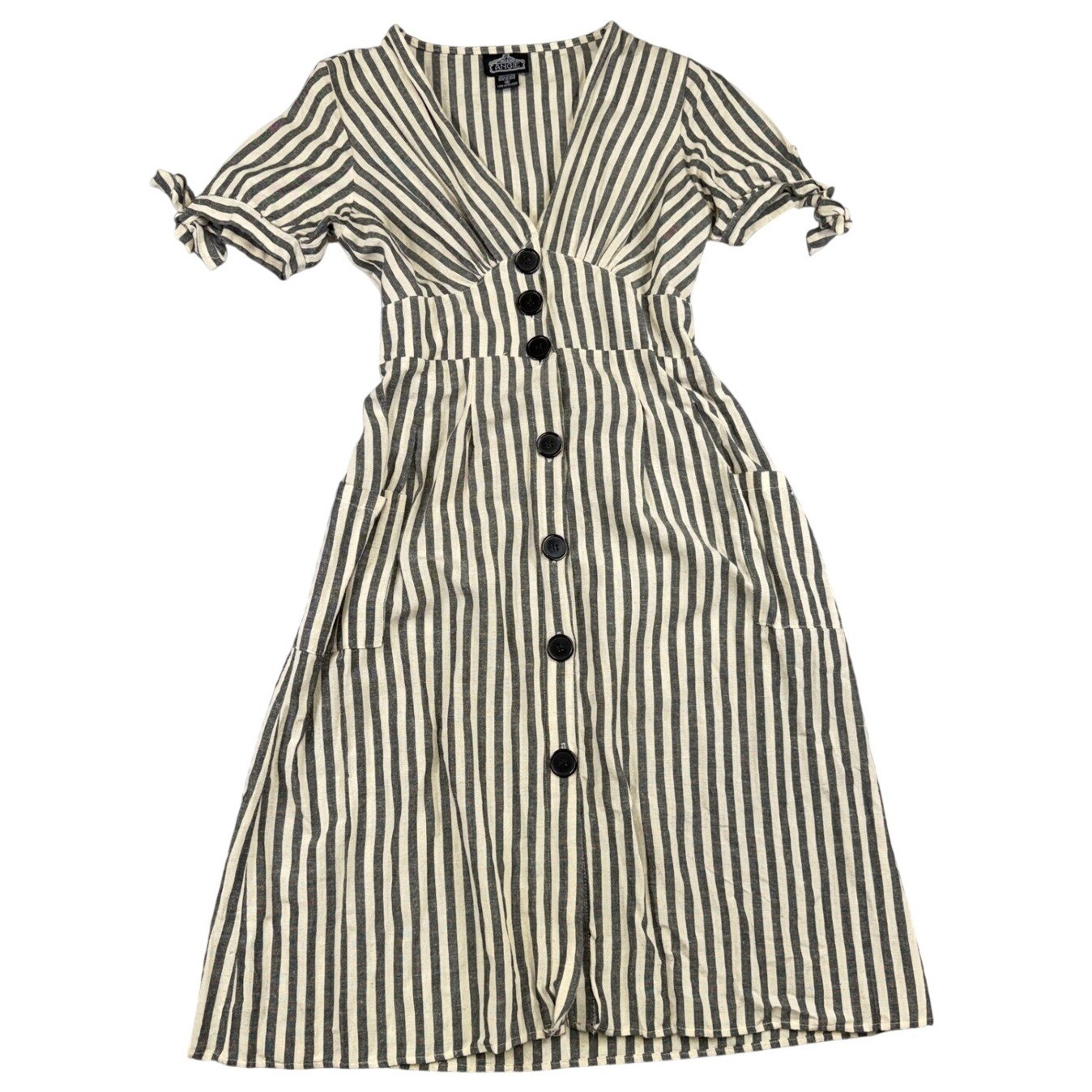 Angie Striped Cotton Midi Dress Womens Medium Black Cream Button Front Pockets