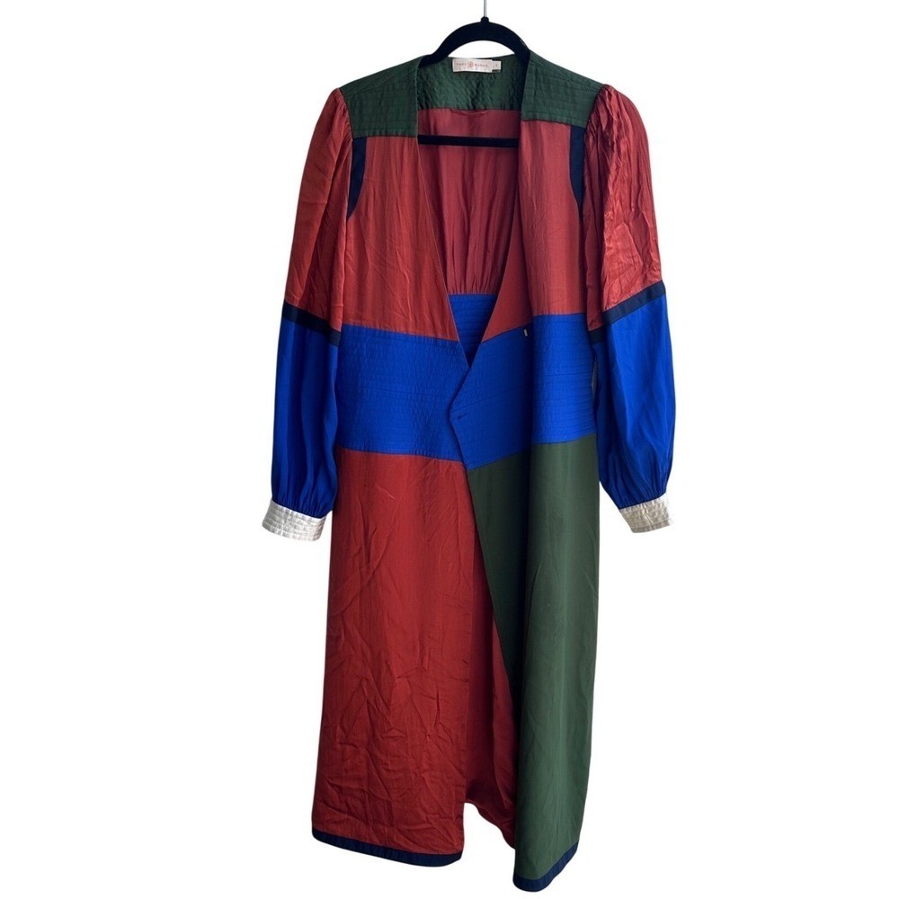 Tory Burch Colorblock Silk Wrap Midi Dress Red Blue Green Gold Hardware Size 2