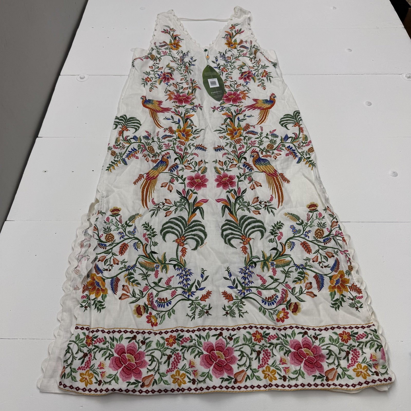 Farm Rio Dress Womens L White Linen Embroidered Birds Floral Maxi Sundress