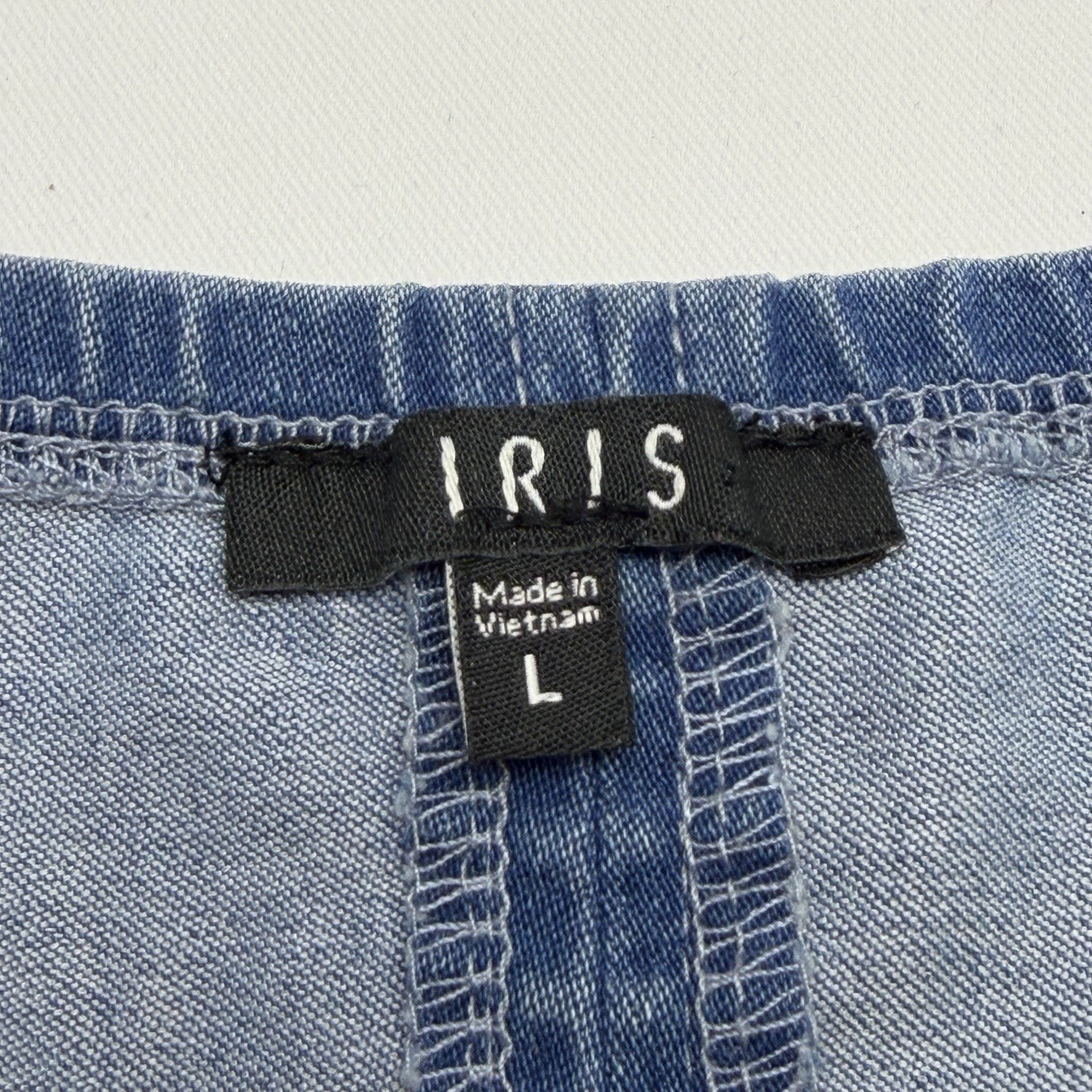 IRIS Denim Bodycon Dress Large Blue O Ring Zip Front Sleeveless Mini Dress