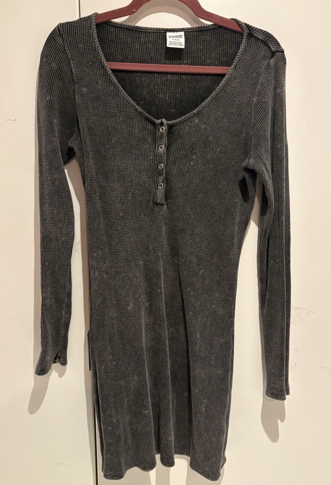 PINK Women’s Gray Waffle Knit Scoop Neck Button Logo Short Sweater Dress M