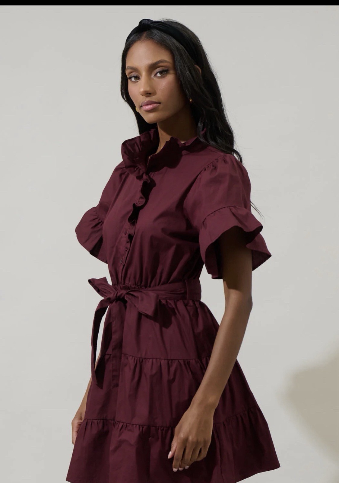 SugarLips 100% Cottonwood Ruffle Button Down Mini Dress Size Small Merlot Purple