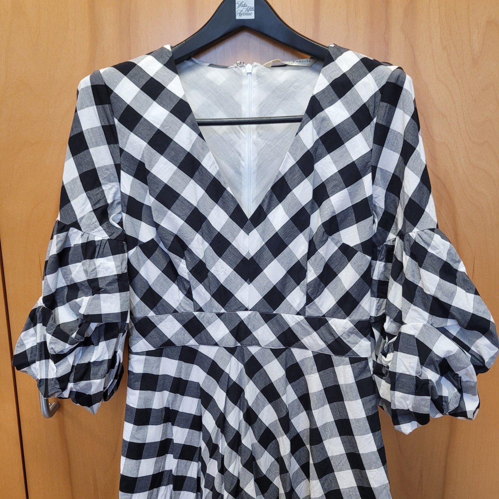 Wayward Fancies Eshakti Dress Medium Black Check Maxi Ruched Bishop Sleeves Boho