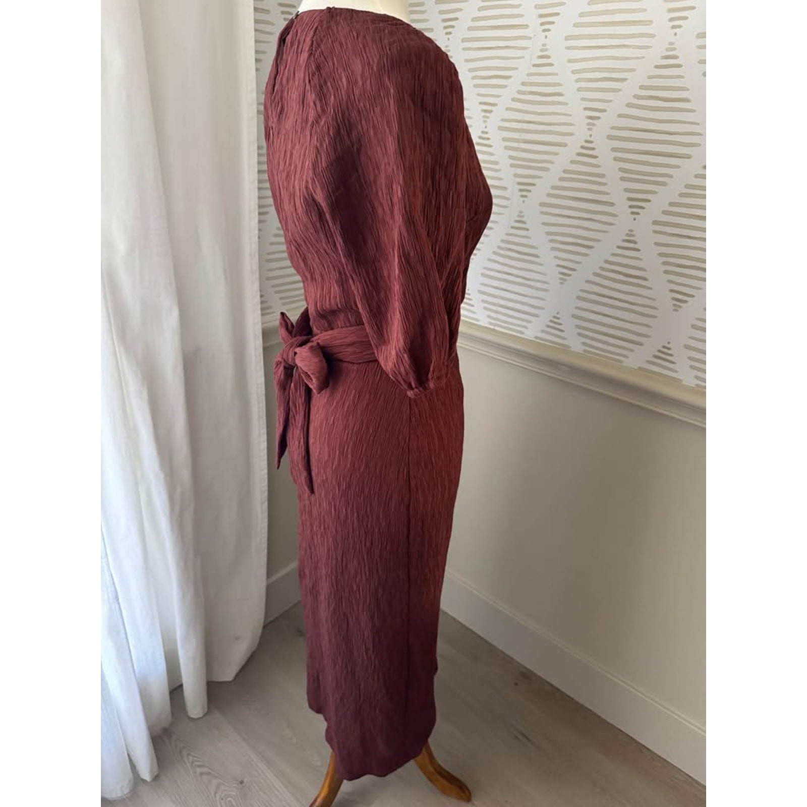 Fore Medium Brown Crinkle Front Tie Cut Out Bodycon Slit Dress NWOT