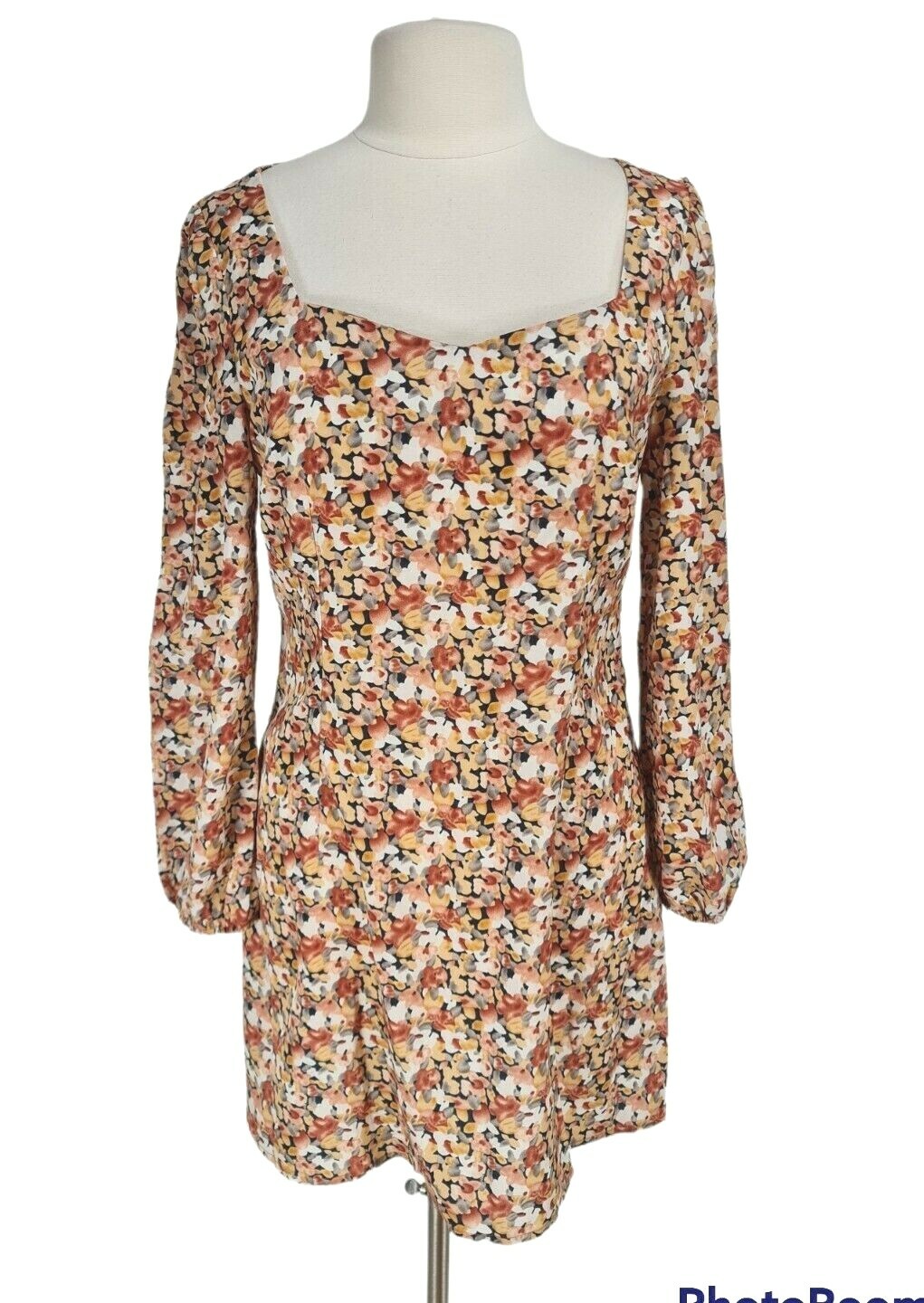 SHEIN Floral Mini Flare Dress Women Sz L Sweetheart Neck Long Sleeve No Stretch