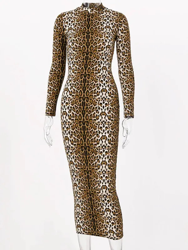 leopard print long sleeve slim bodycon sexy dress autumn winter women streetwear