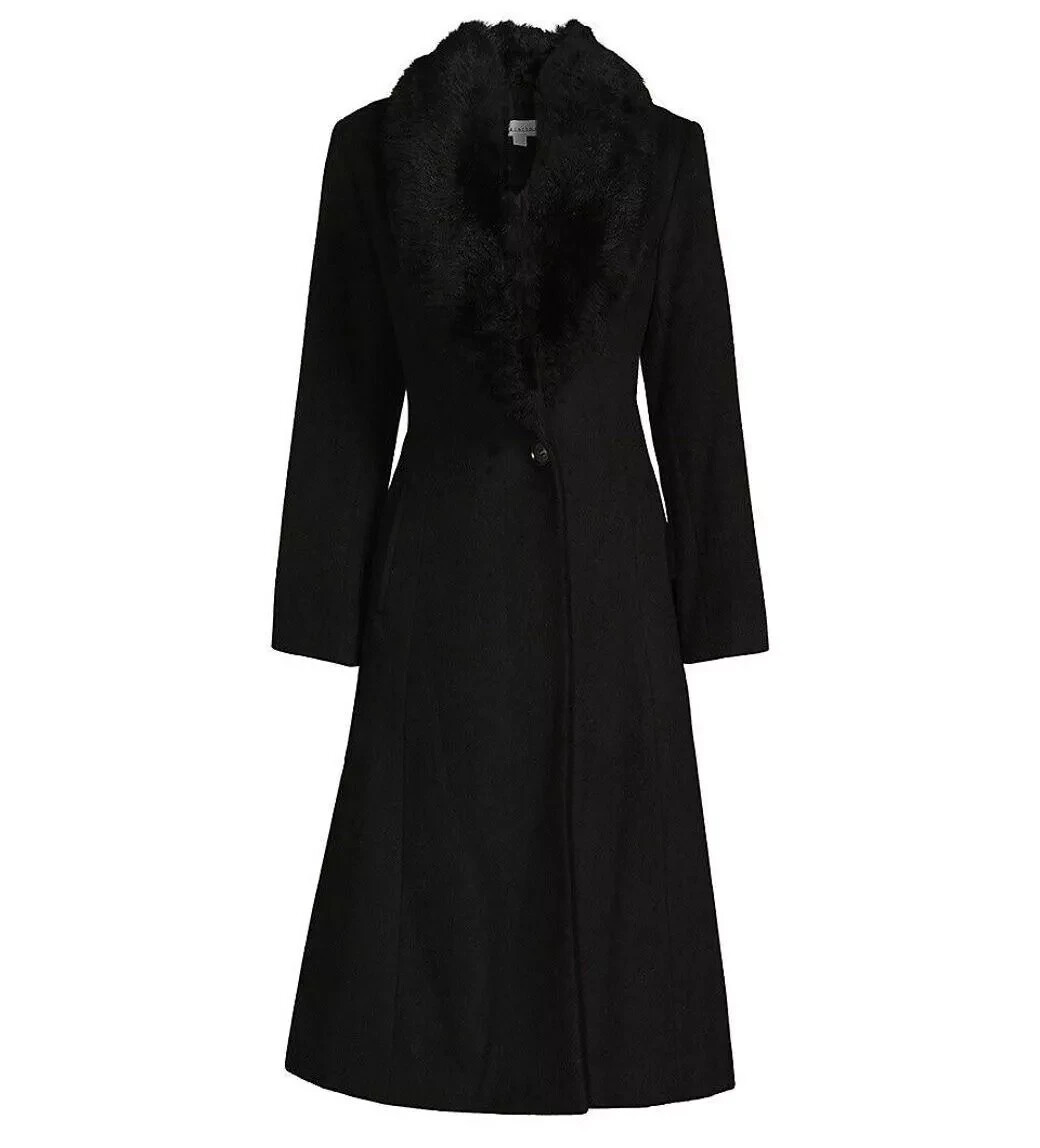 NEW Sofiacashmere Wool Blend Coat with Fur Shearling Collar Black SZ 10 #C4230