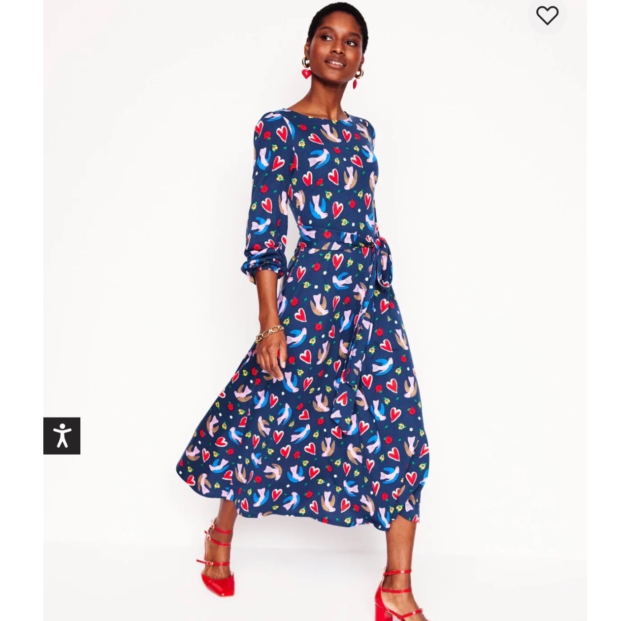 Boden Leandra Navy Blue Bird Dove Heart Print Long Sleeve Midi Dress Tie Waist 8