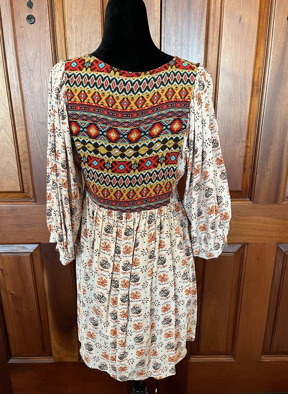 Umgee Aztec Dove Pattern 3/4 Sleeve Tunic Mini Dress Boho Western Rodeo Sz Small