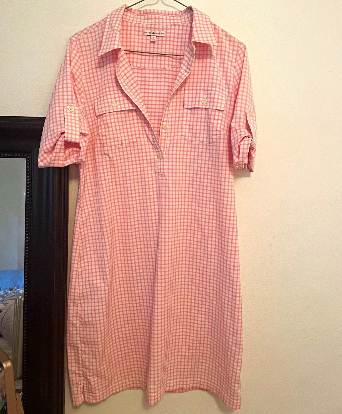 Peter Millar Men’s Pink/White Check Short Sleeve Point Collar Button-Up Shirt M
