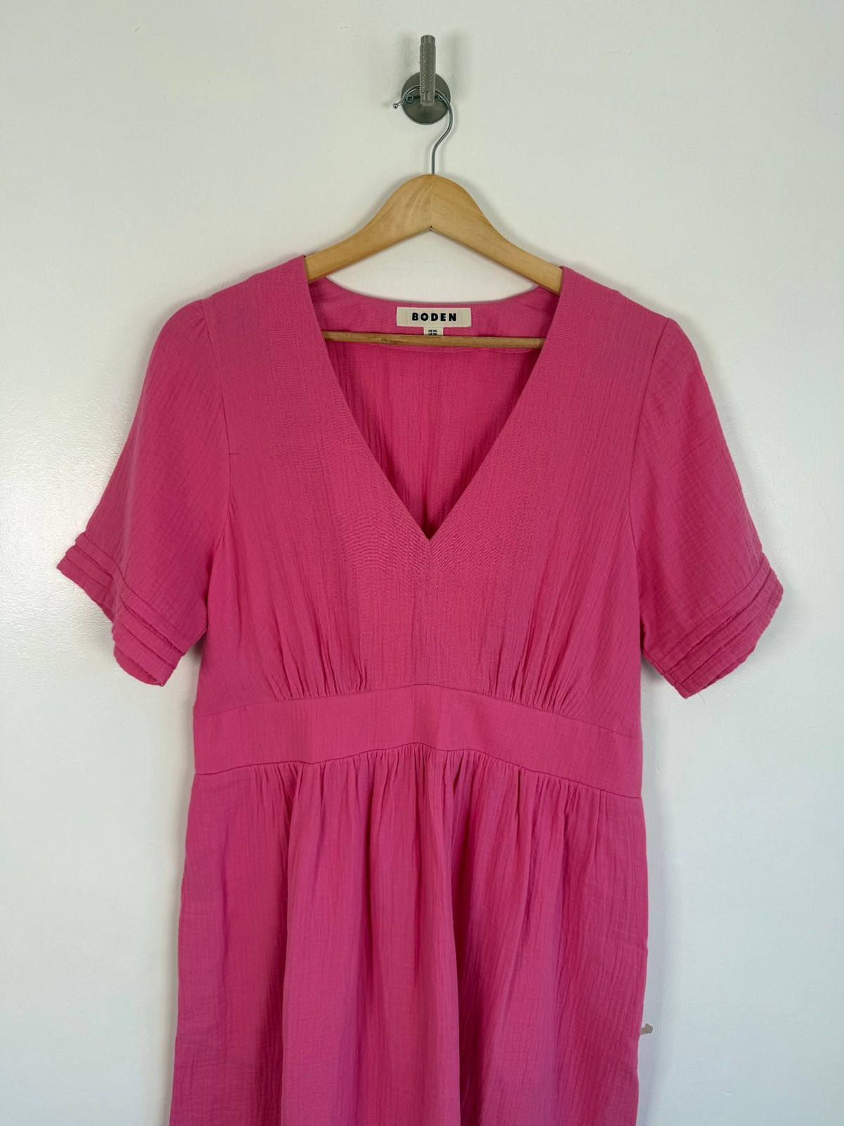 Boden Dress Size 14 Pink V Neck Double Cloth Cotton Summer Holiday Knee Length