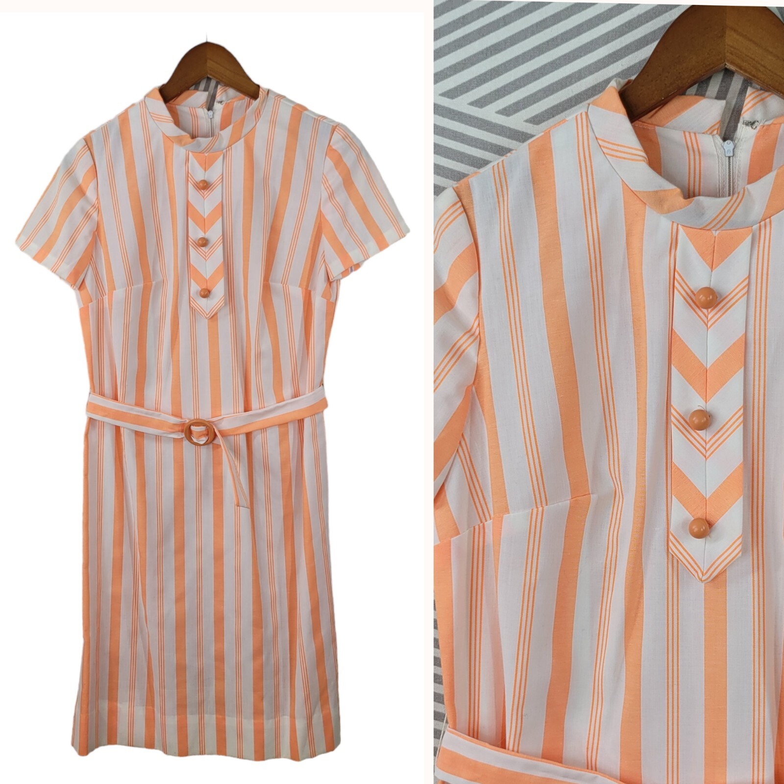 Vintage New 60s Dress size 8/10 pinup Orange Stripe housewife Belted dead stock