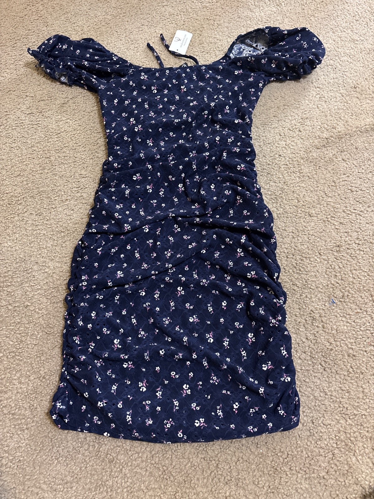 Windsor Blue Ruched Bodycon Lined Mini Dress Mesh Ruffle Lg Ruched NWT Boho